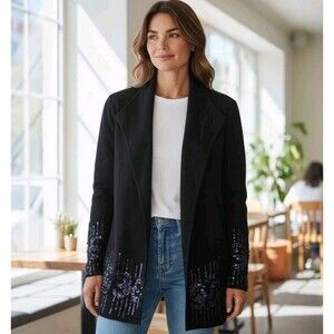 Alfani Black Knit Open Front Sequin Embellished Cardigan Womens Size L